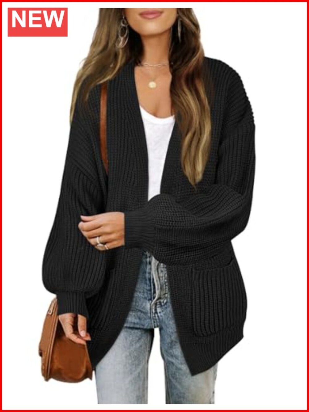 Oversized Chunky Lantern Sleeve Open Front Cardigan Sweater